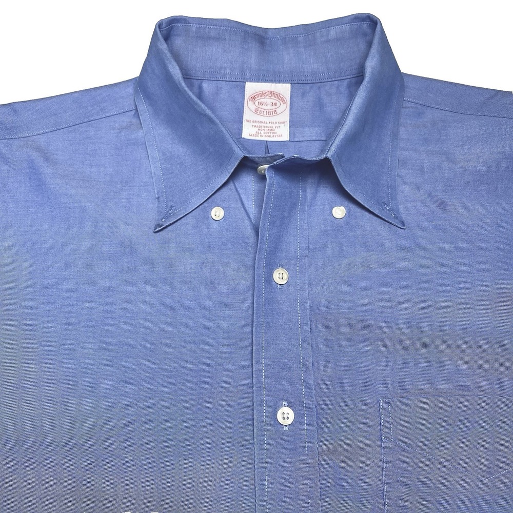 Brooks Brothers 1818 Shirt 16 34 L/S Button Down Traditional Non Iron Solid Blue